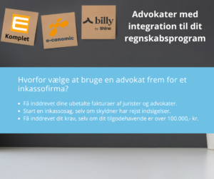 Advokaternes Inkasso Service har integration til e-conomic, E-komplet, Billy by Shine og Dinero