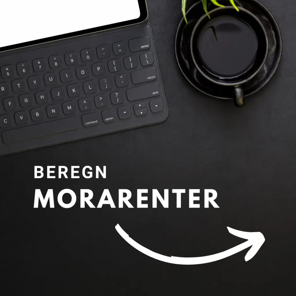 Billede viser en computer med tastatur, en kop kaffe og teksten "Beregn morarenter" på en mørk overflade.
