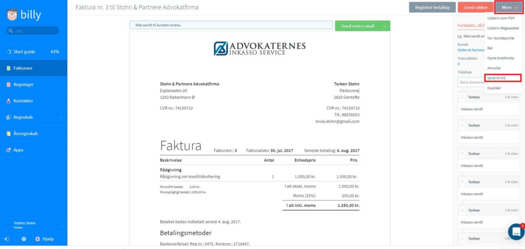 Send krav til inkasso fra Billy Regnskabsprogram