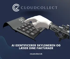 En robotarm betjener en avanceret lommeregner, der symboliserer AI-teknologi til identifikation af skyldnere og fakturaanalyse.
