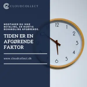 Et vægur med en simpel design viser tiden, med tilhørende tekst om hurtig behandlingstiden i inkassoprocesser.