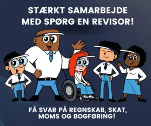 En gruppe farverige karakterer, inklusive en person i kørestol, repræsenterer samarbejde om regnskab, skat og bogføring.