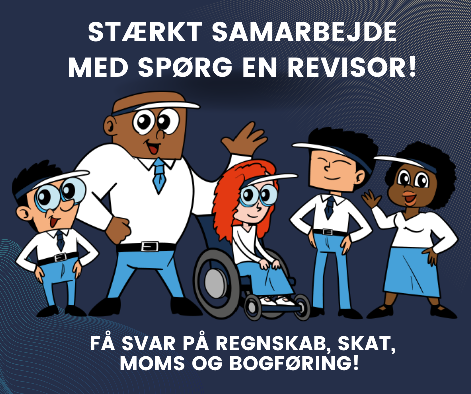 Illustration af figurer, der symboliserer samarbejde mellem Advokaternes Inkasso Service og Spørg en Revisor – glade personer i business-tøj står sammen i et fællesskab.