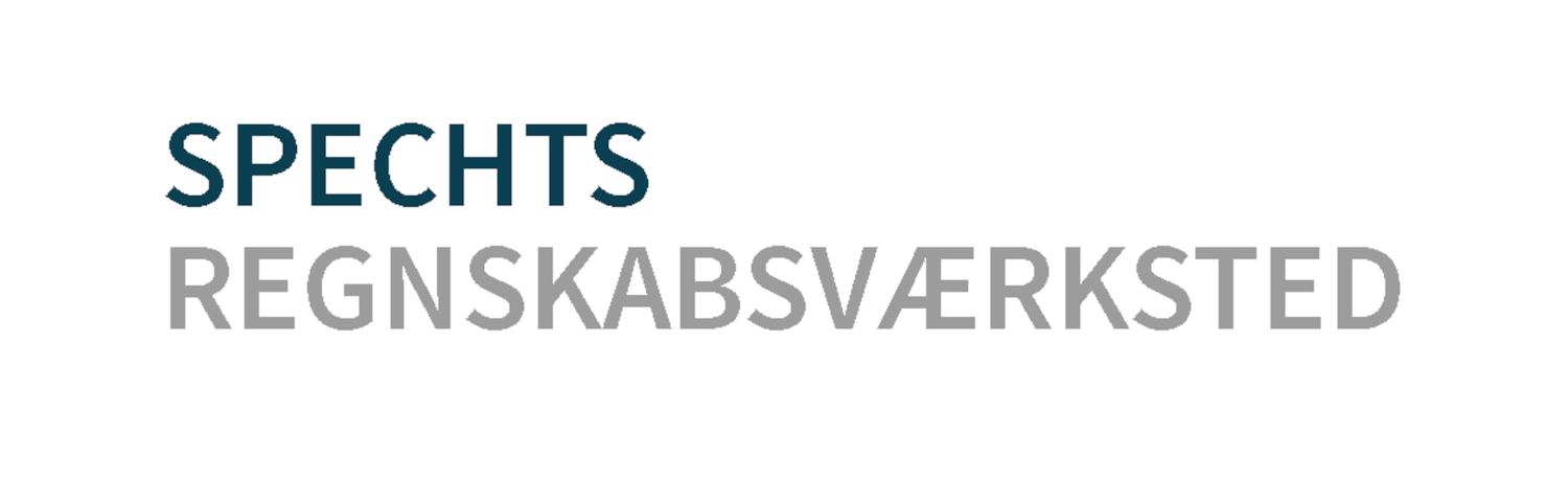 Spechts Regnskabsværksted logo med teksten "Spechts" i blå og "Regnskabsværksted" i grå.