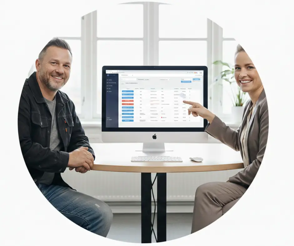 To mænd sidder ved et bord og ser på en computerskærm, hvor en af dem peger på data på skærmen.