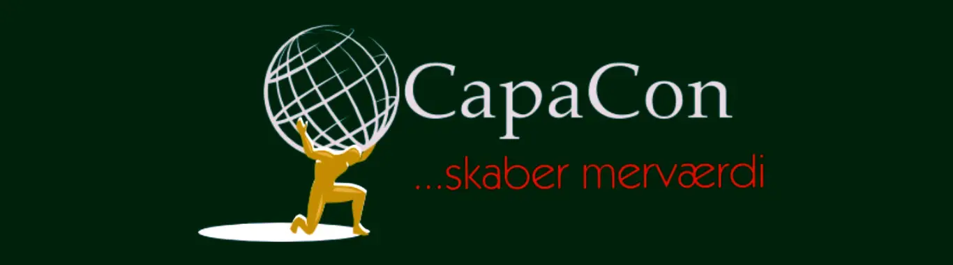 Logo for CapaCon featuring a stylized figure lifting a globe, with the tagline "...skaber merværdi" in red text.
