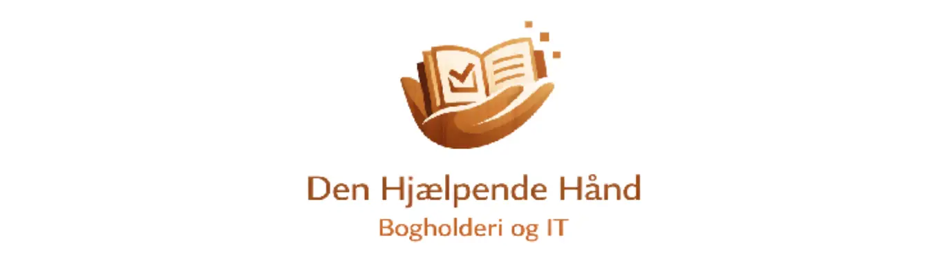 Logo med en åbnet bog og en hånd, teksten "Den Hjælpende Hånd" og "Bogholderi og IT" under.