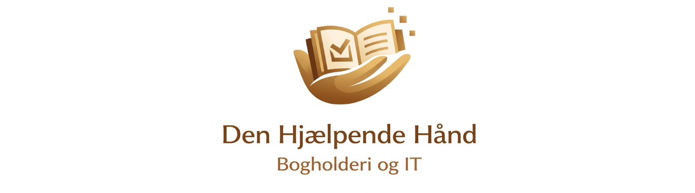 Logo med en åben bog i en hånd, med teksten "Den Hjælpende Hånd" og "Bogholderi og IT" under i brune nuancer.