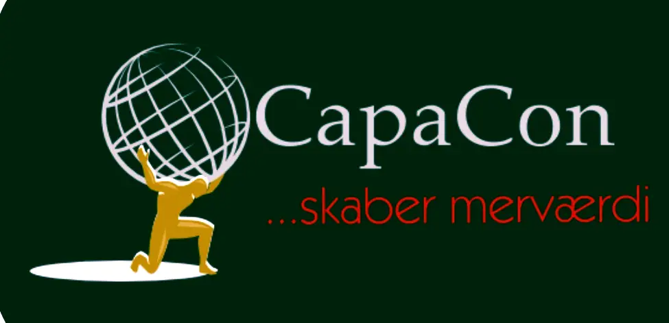 Logo for CapaCon with a stylized figure lifting a globe, alongside the text "...skaber merværdi".