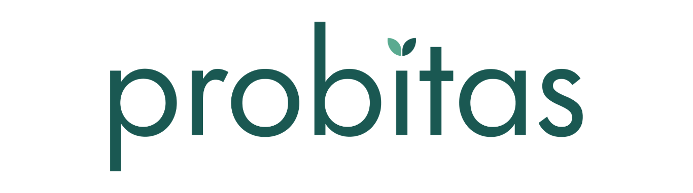 Logotyp for "probitas" med en stilren skrifttype og et blad som en del af bogstavet "p".