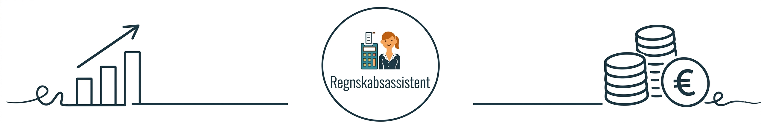 Grafisk repræsentation af en vækstkurve og mønter med euro-tegn, centreret omkring en figur af en forretningsperson, der symboliserer regnskabsassistance.