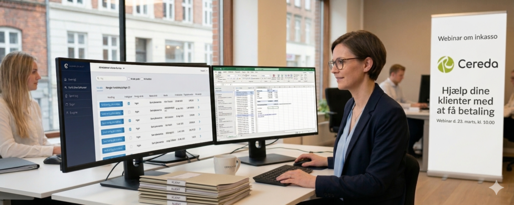 Kvinde sidder ved skrivebord med to skærme, der viser software og datablade; banner til højre reklamerer for webinar om fakturering.