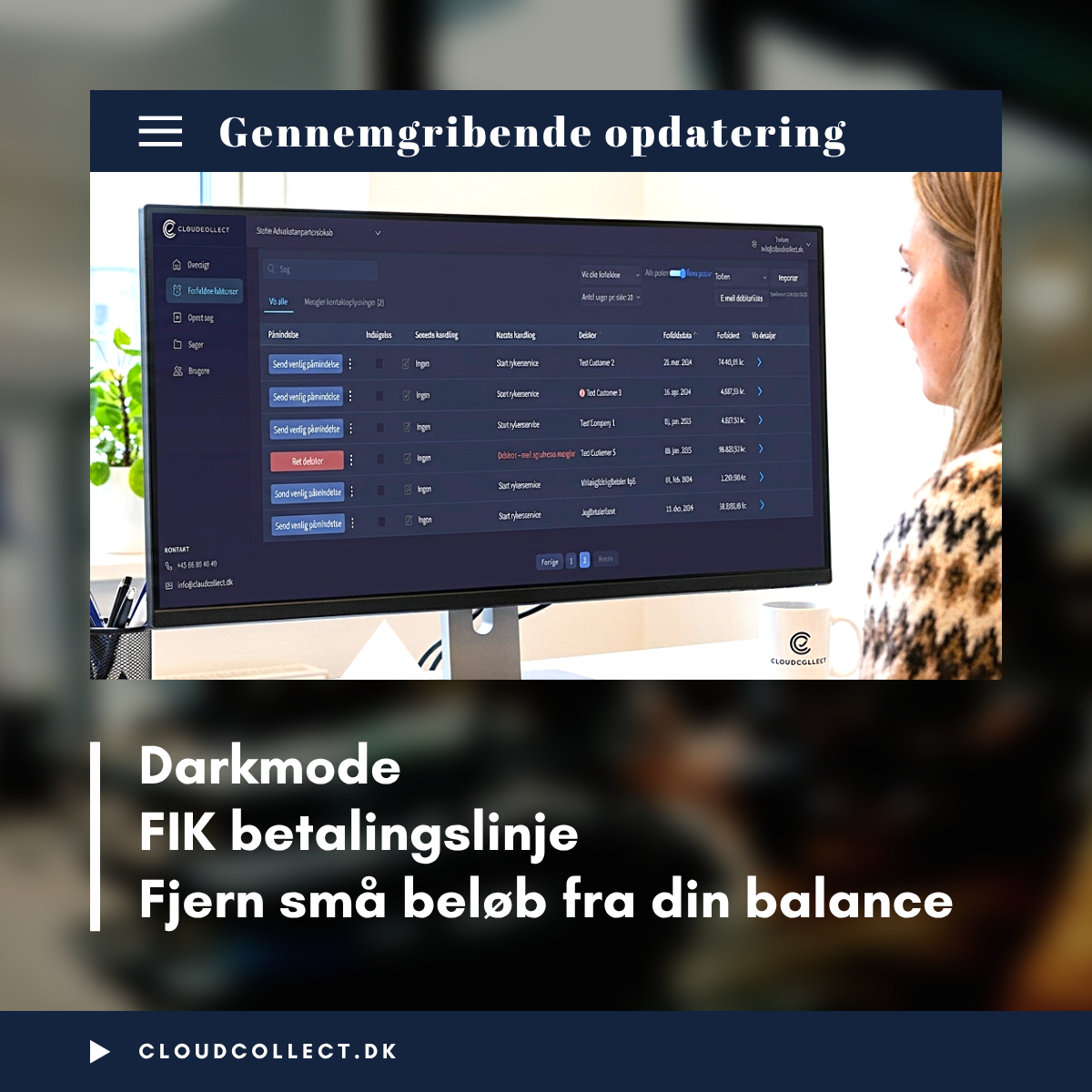Skærm viser en opdatering af en betalingsplatform i mørk tilstand med oplysninger om balance og betalingstransaktioner.
