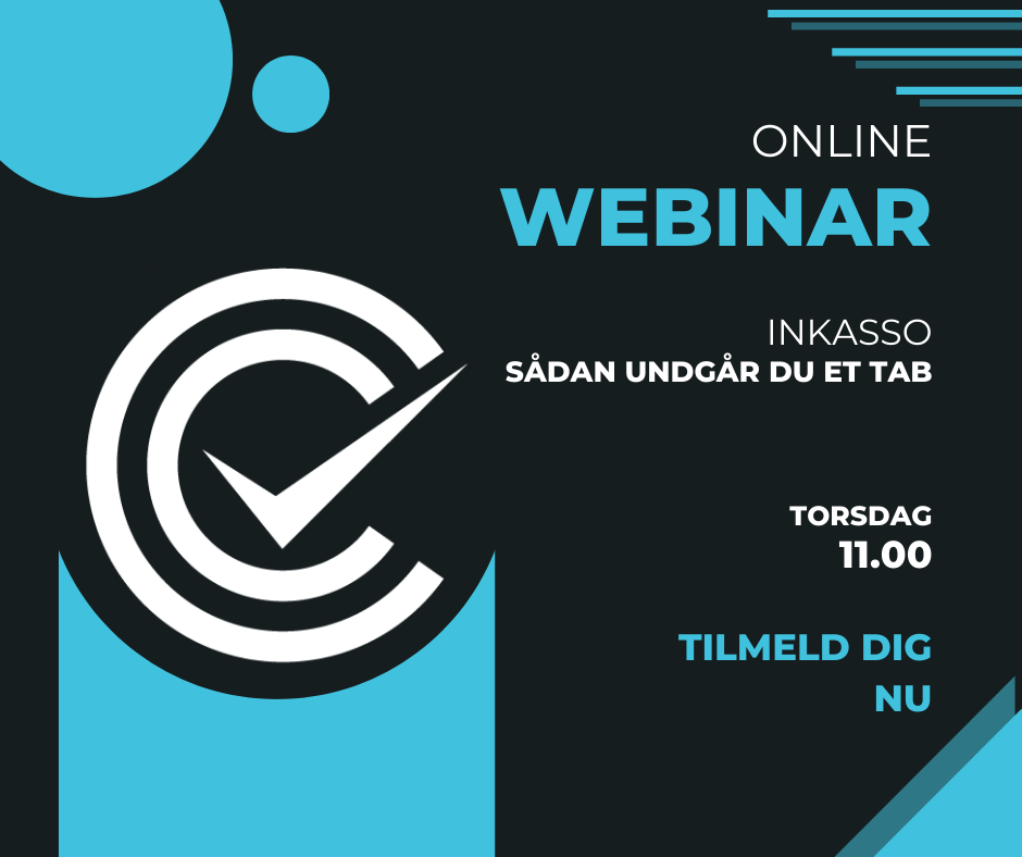 Webinarannonce om inkasso med information om dato, tid og tilmelding, præsenteret med en moderne grafik.