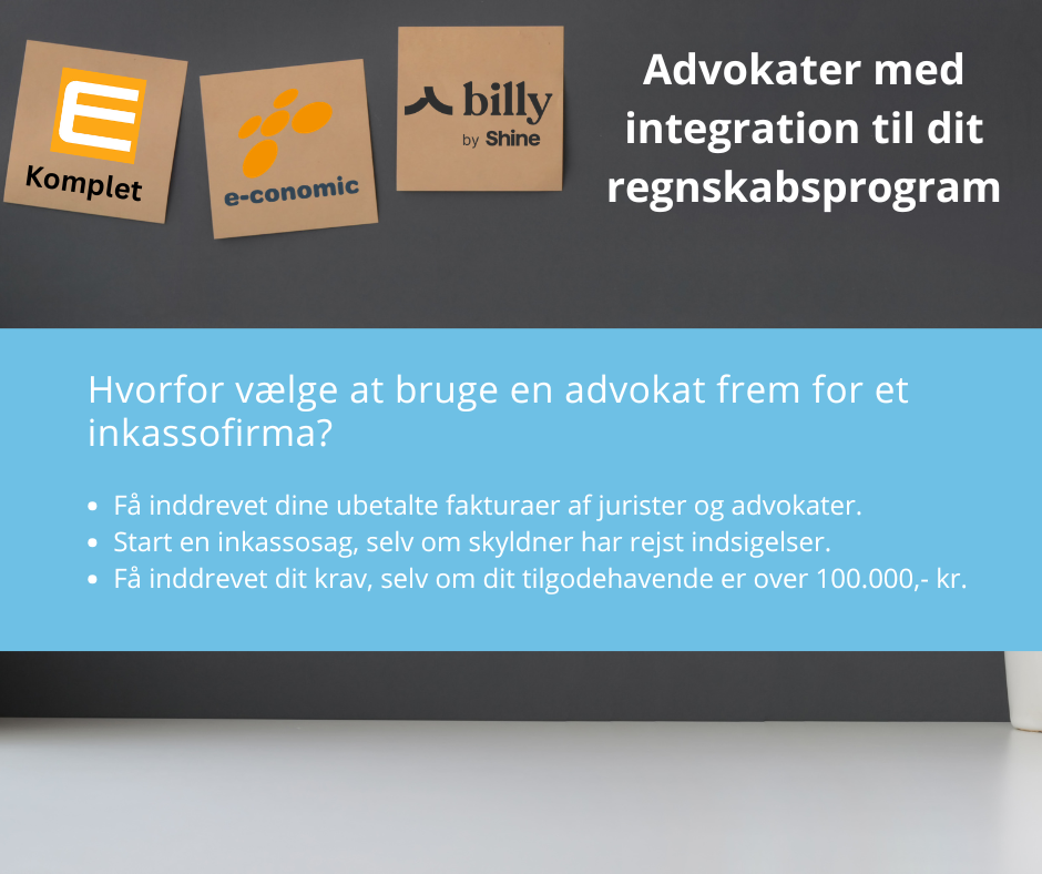 Advokaternes Inkasso Service har integration til e-conomic, E-komplet, Billy by Shine og Dinero
