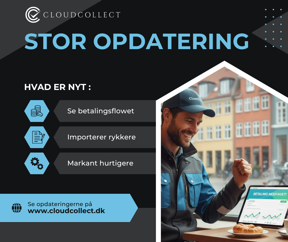 En glad mand i en blå kasket viser en faktura på en tablet, omgivet af tekst om opdateringer i betalingsflowet.