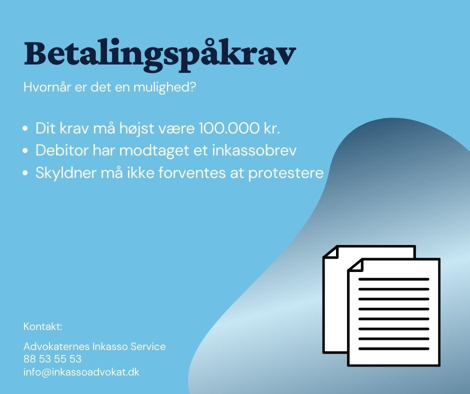 Betalingsspørgsmål angående maksimal beløb på 100.000 kr. med oplysninger om inkasso og kontaktinformationer.