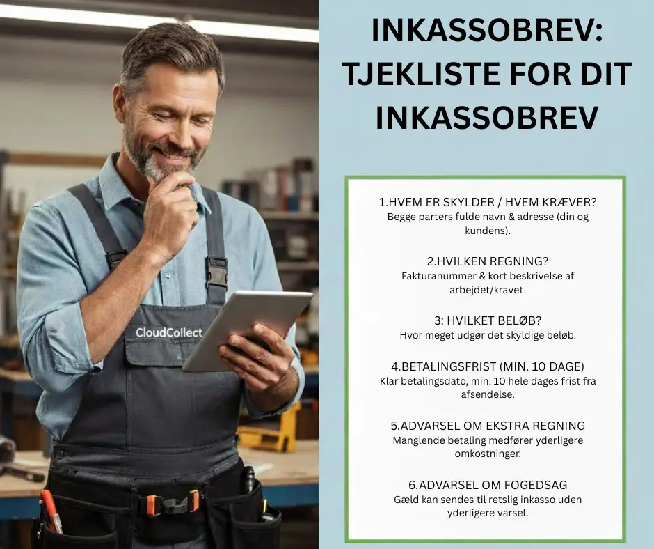 Mand står i et værksted med en tablet i hånden, mens han gennemgår en tjekliste for inkassobrev, der omhandler faktura og betaling.