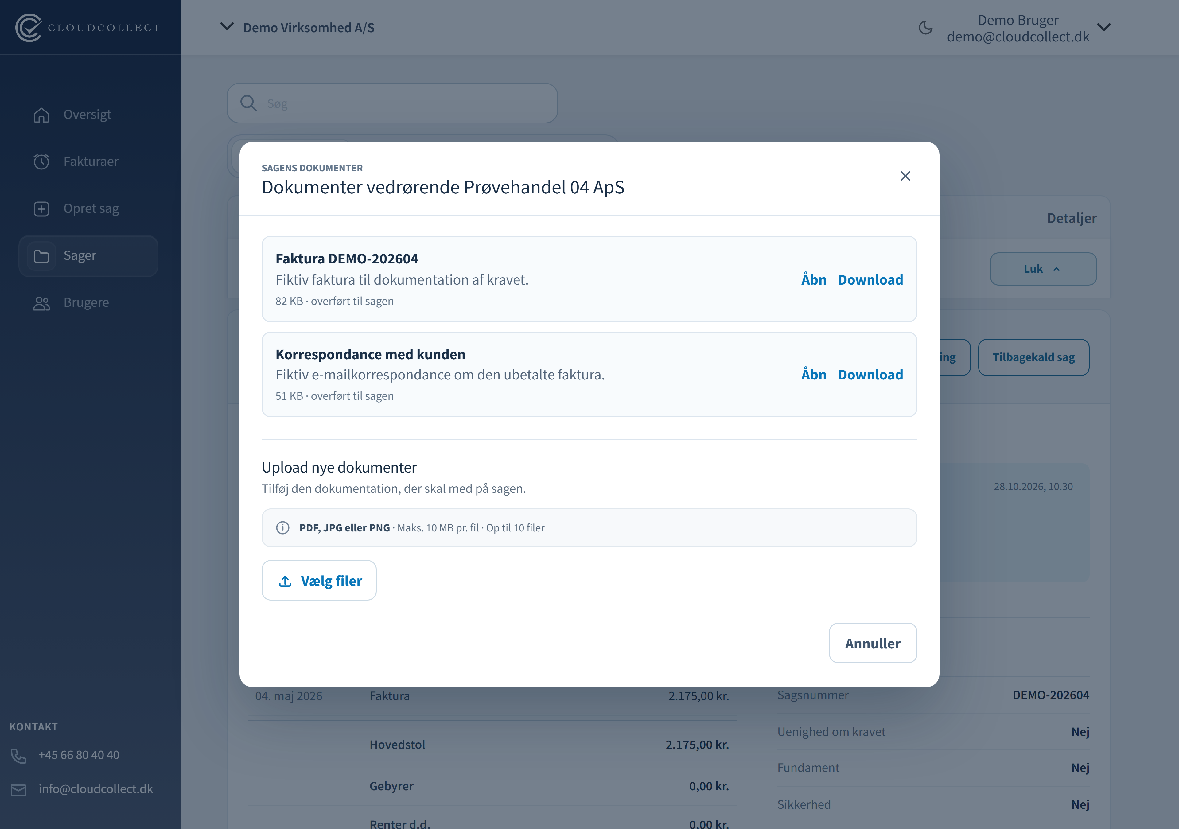 CloudCollects dokumentvindue med to fiktive bilag og Upload nye dokumenter.