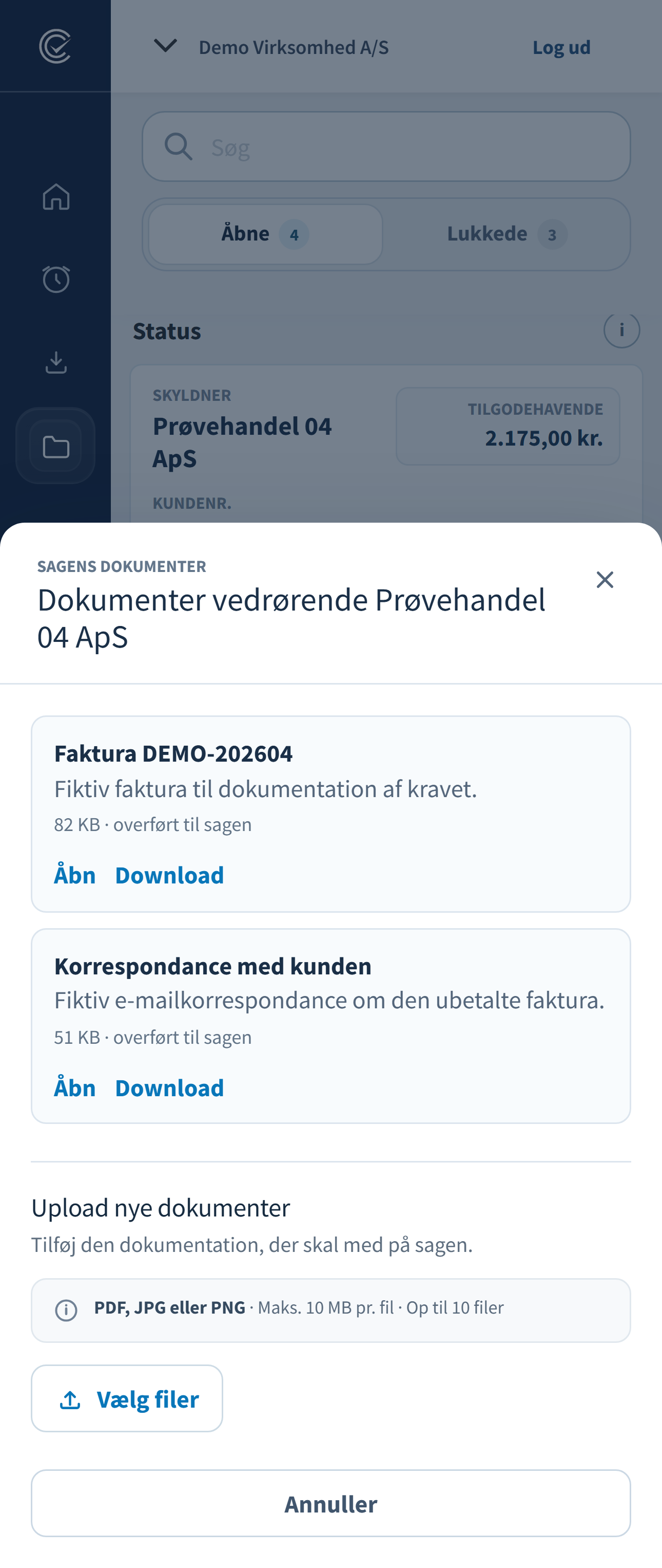 CloudCollects dokumentvindue med to fiktive bilag og Upload nye dokumenter.