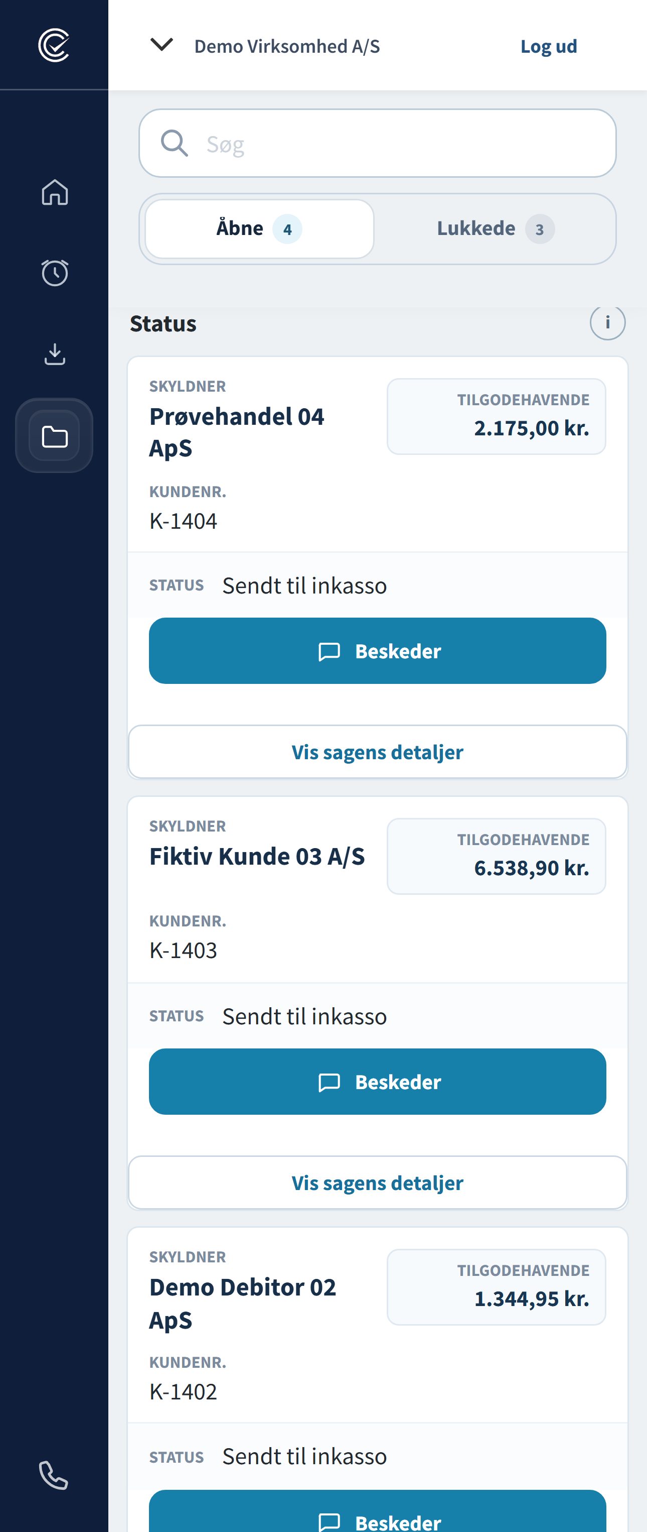 CloudCollects Sager-oversigt med fire fiktive åbne sager, tilgodehavender og Vis detaljer, uden statusforklaring hen over listen.