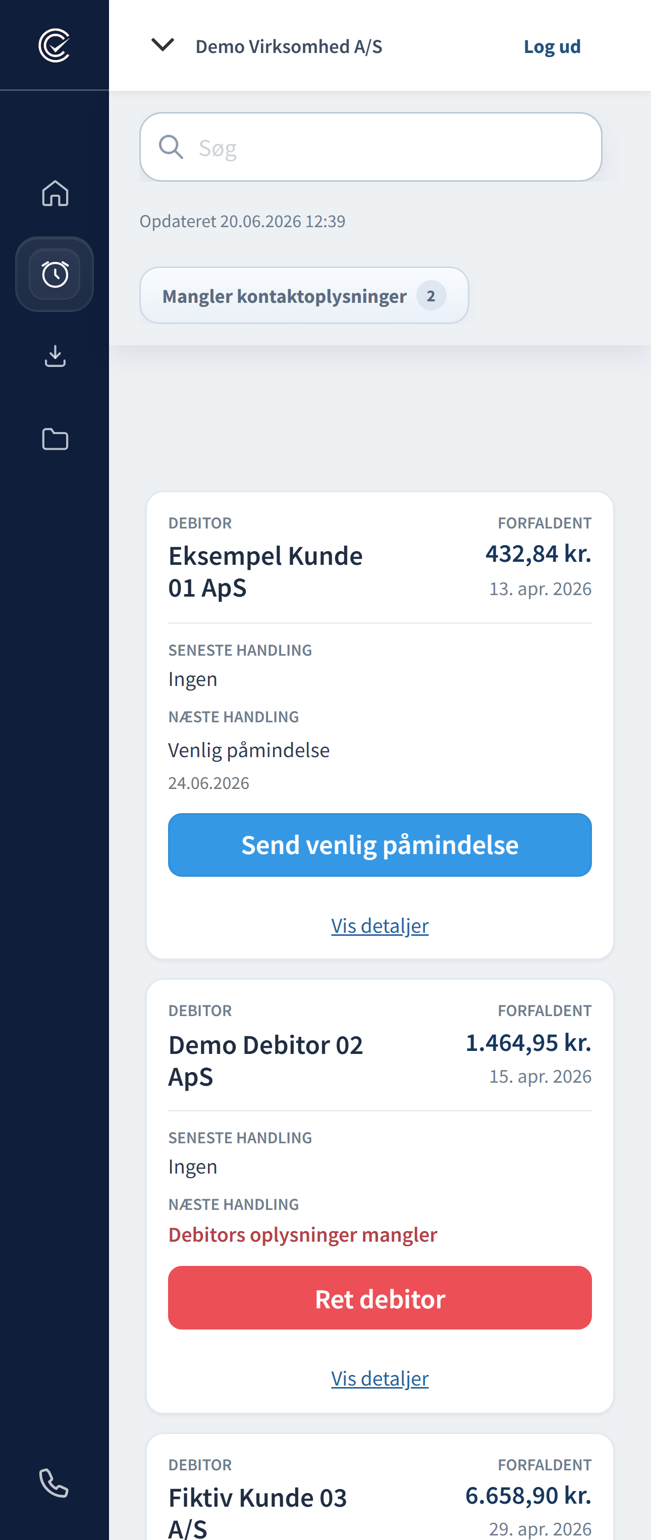 Fakturaoversigten på mobil med beløb, forfaldsdato og knappen Send inkassovarsel. Fiktive demodata.