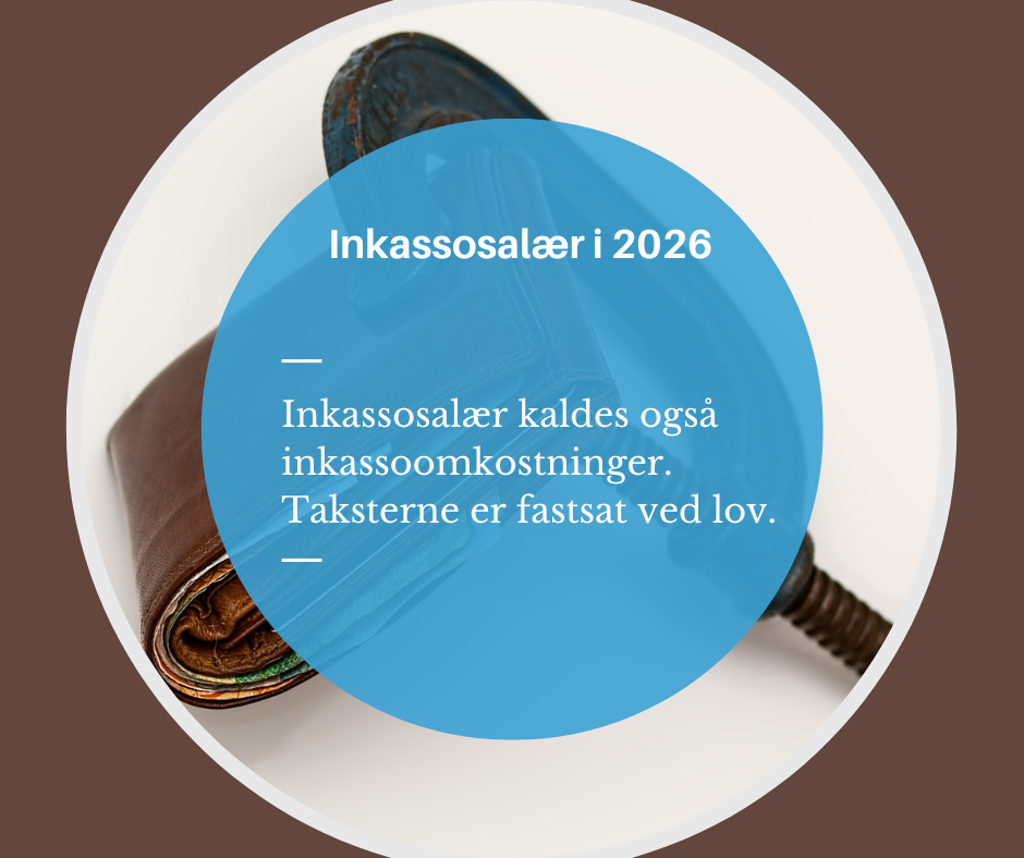 Billede af en brun tegnebog delvist åben, der ligger på en hvid overflade, med en inkassobog og tekst om inkassosalær i 2026.