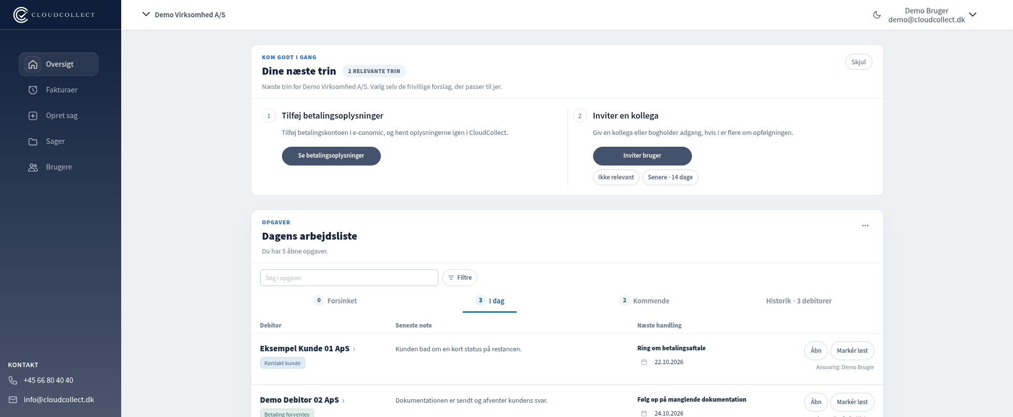 CloudCollect-dashboard med syntetisk demovirksomhed og eksempler på inkassosager