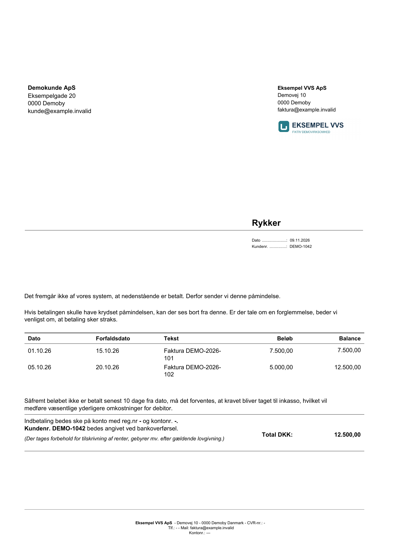 Et helt rykkerbrev med inkassovarsel fra CloudCollect med fiktivt Eksempel VVS-logo og de samme to demofakturaer.