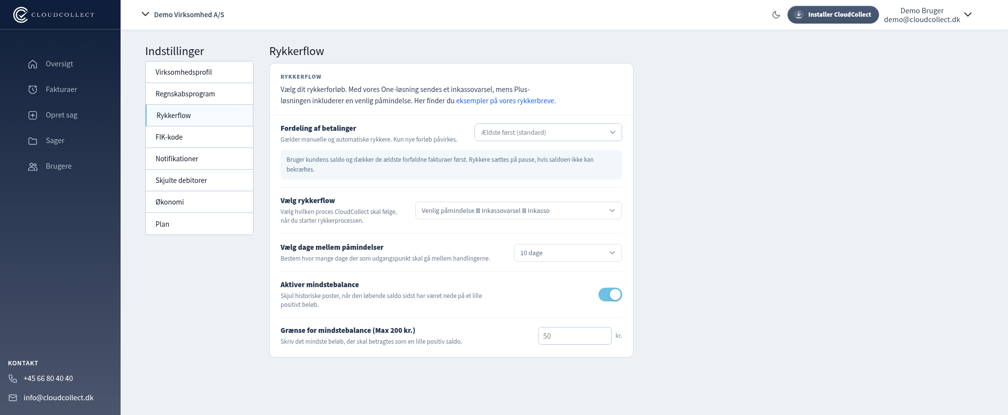 Rykkerflowets indstillinger i CloudCollect. Fiktive demodata.
