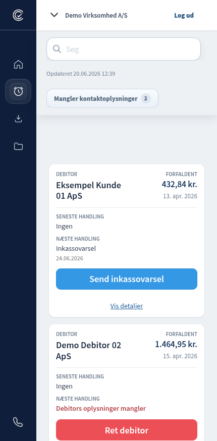 Mobilvisning af CloudCollect med fiktive fakturakort og næste handling.