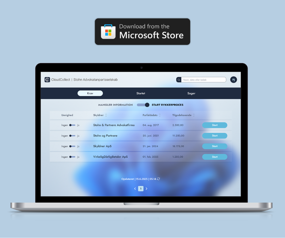Skærmbillede af en softwareplatform til inkasso med oplysninger om skyldnere og start af rykkerprocesser.