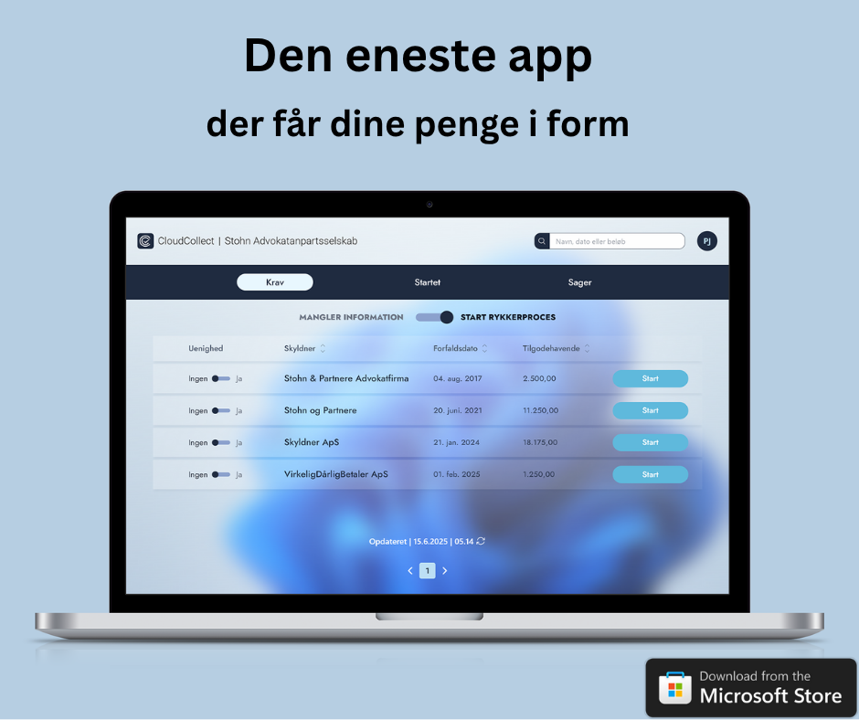 Viser en computer med appen CloudCollect, der præsenterer oplysninger om skyldnere og fakturaer i forbindelse med inkasso.