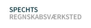 Spechts Regnskabsværksted logo med teksten "Spechts" i blå og "Regnskabsværksted" i grå.