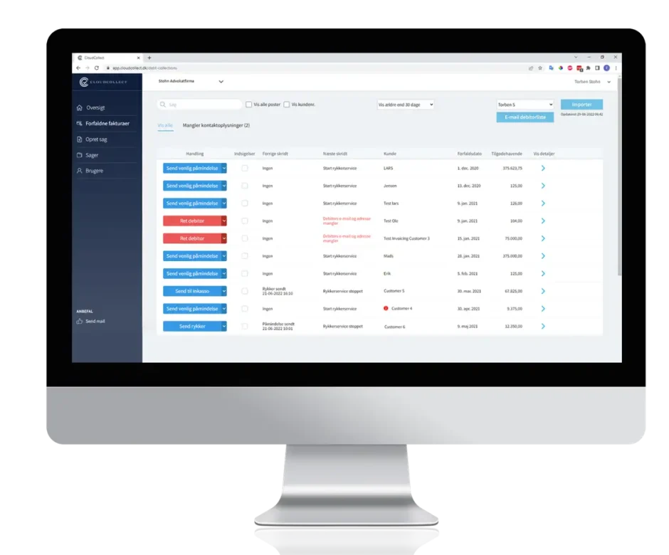 Skærmbillede af en webapplikation med en oversigt over opgaver, herunder status, datoer og handlinger.